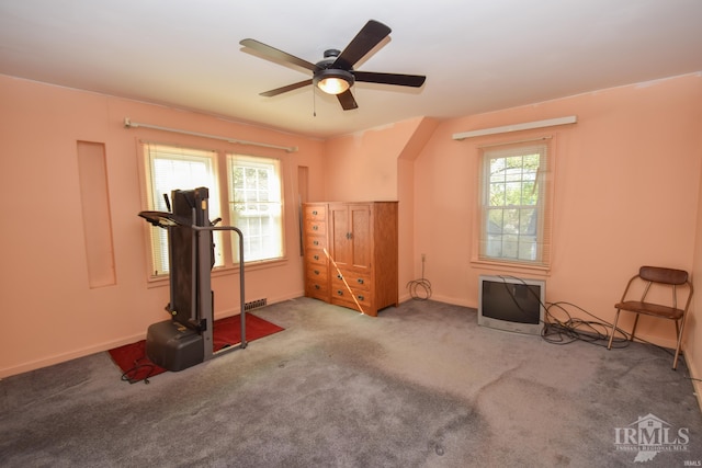 workout area with heating unit, a healthy amount of sunlight, carpet flooring, and ceiling fan