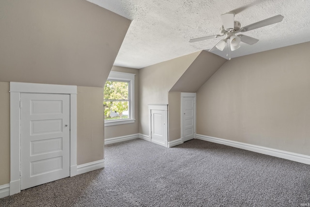 additional living space featuring vaulted ceiling, a textured ceiling, and carpet floors