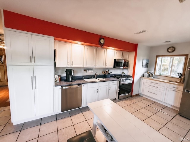 kitchen with appliances with stainless steel finishes, tasteful backsplash, sink, and white cabinets