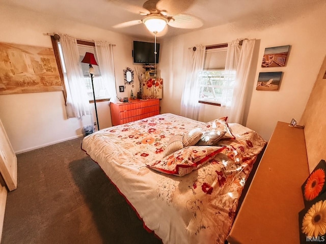 bedroom featuring carpet flooring and ceiling fan