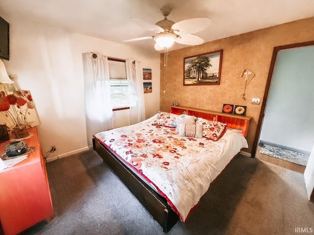 carpeted bedroom featuring ceiling fan