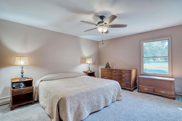 bedroom with light colored carpet and ceiling fan