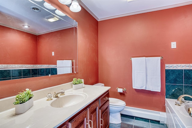 bathroom featuring a bathtub, crown molding, tile patterned flooring, a baseboard radiator, and toilet