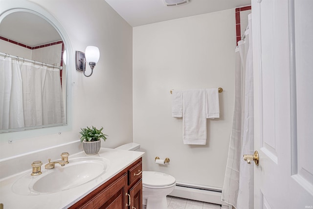 bathroom featuring toilet, vanity, tile patterned floors, and a baseboard radiator