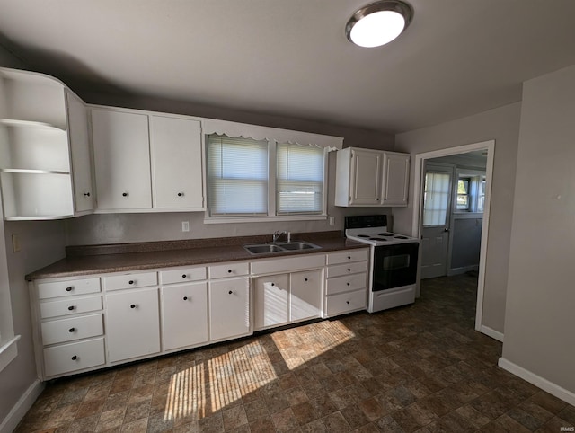 kitchen with white cabinets, electric range, and sink