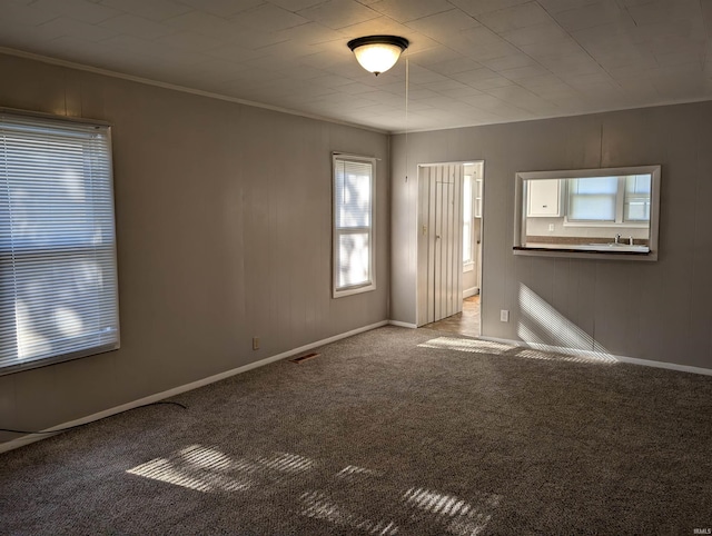 carpeted spare room with ornamental molding