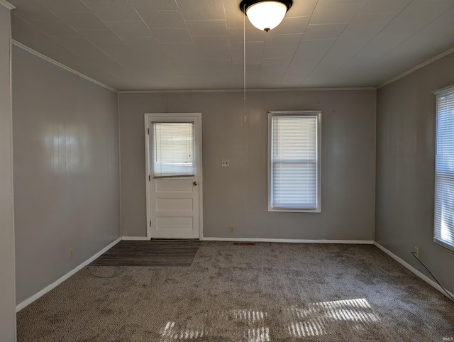 carpeted foyer entrance with a healthy amount of sunlight and crown molding