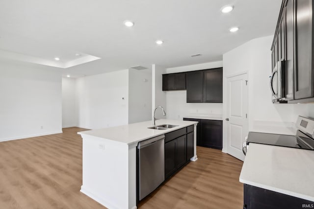 kitchen with light hardwood / wood-style floors, a center island with sink, stainless steel appliances, and sink