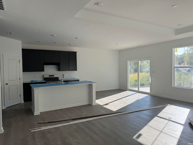 kitchen featuring sink, dark hardwood / wood-style floors, a kitchen island with sink, and stainless steel electric range