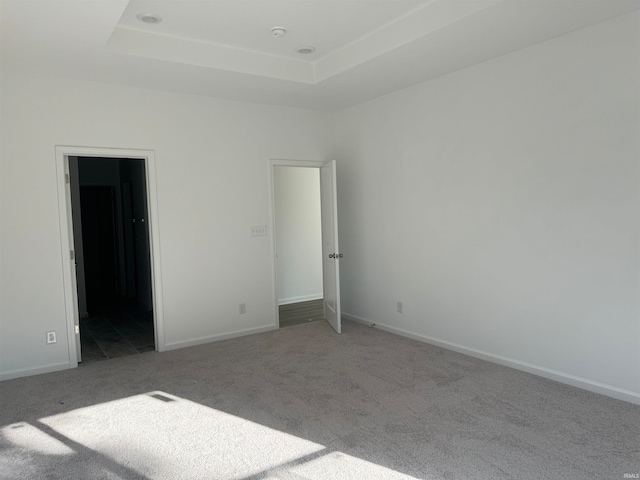 unfurnished bedroom featuring carpet floors and a tray ceiling