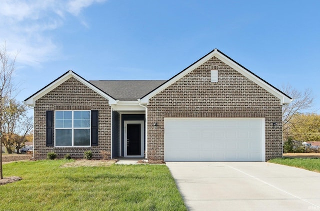 ranch-style house featuring a front yard and a garage