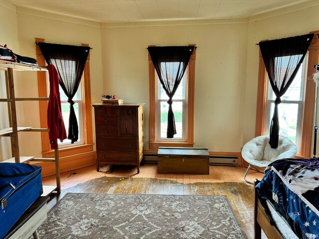 interior space with hardwood / wood-style flooring, baseboard heating, and crown molding