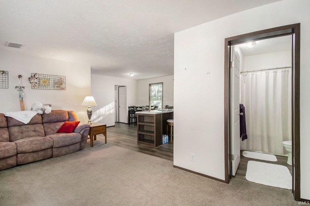 carpeted living room with a textured ceiling