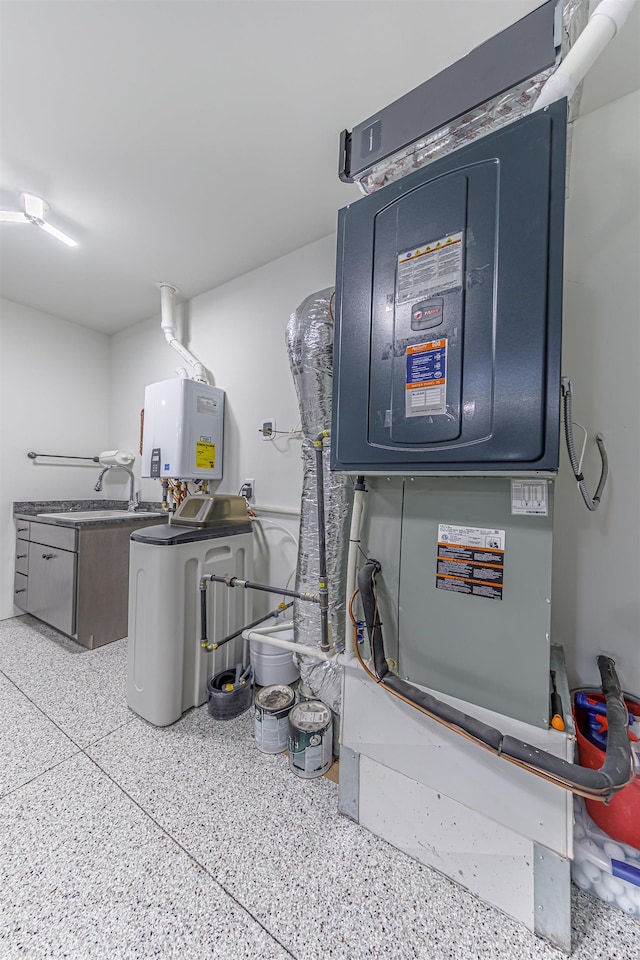 utility room with heating unit and tankless water heater