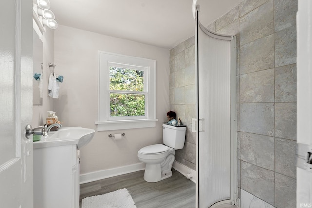 bathroom featuring wood-type flooring, a shower with shower door, vanity, and toilet