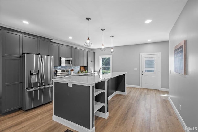 kitchen featuring light wood-type flooring, a center island with sink, decorative light fixtures, decorative backsplash, and appliances with stainless steel finishes