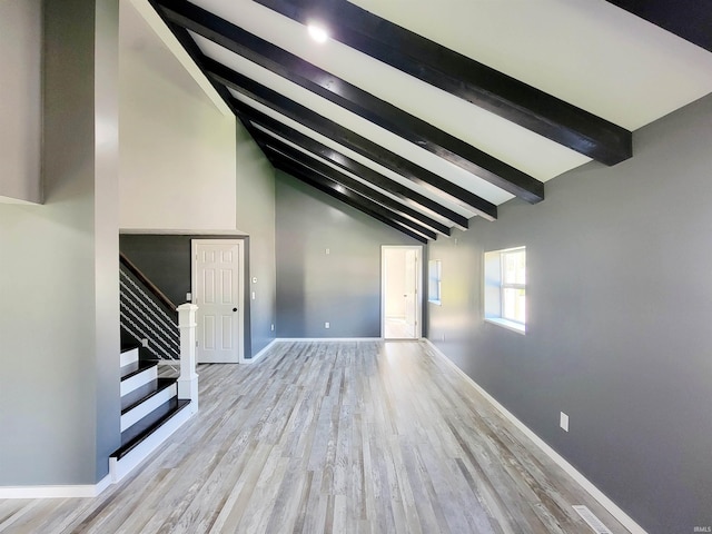 unfurnished living room featuring lofted ceiling with beams and light hardwood / wood-style floors