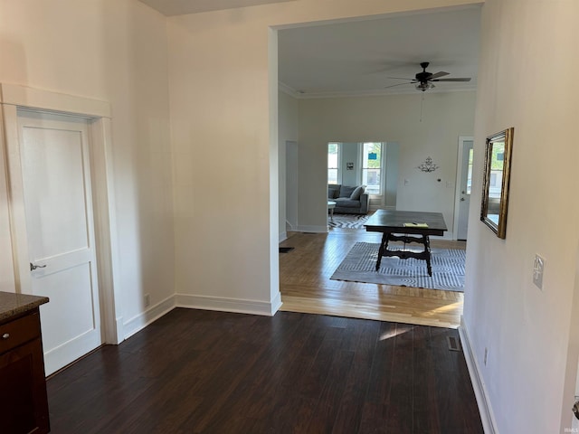 hall featuring ornamental molding and dark wood-type flooring