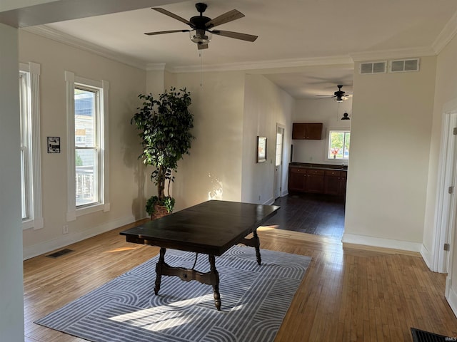 office area with ceiling fan, ornamental molding, hardwood / wood-style floors, and a healthy amount of sunlight