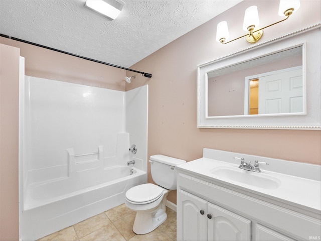 full bathroom featuring vanity, tile patterned flooring, shower / washtub combination, toilet, and a textured ceiling