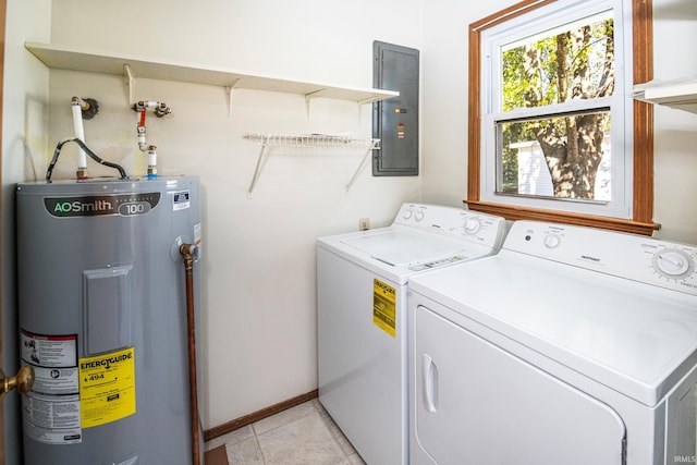 laundry room featuring electric panel, separate washer and dryer, electric water heater, and light tile patterned floors