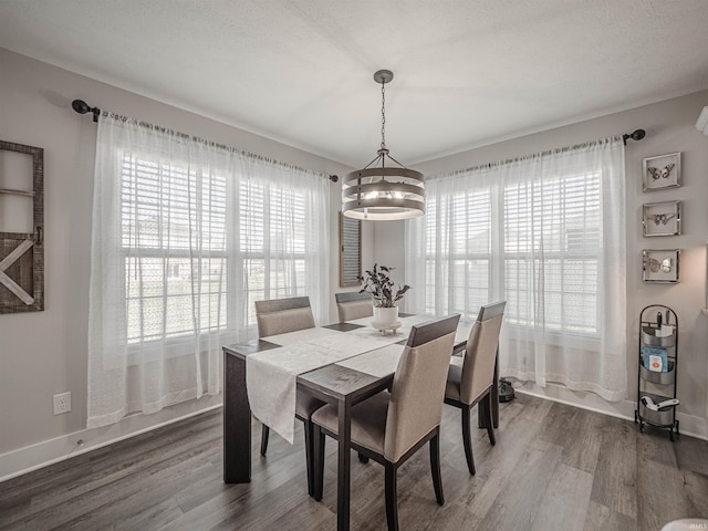 dining space with a notable chandelier, dark hardwood / wood-style flooring, a textured ceiling, and a healthy amount of sunlight