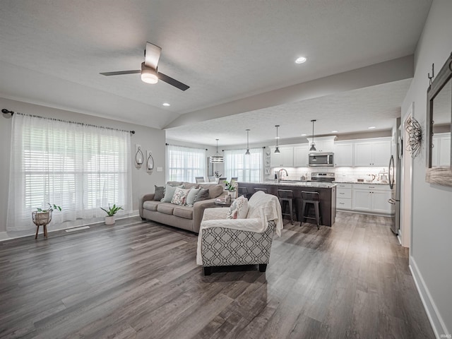 living room with sink, ceiling fan with notable chandelier, dark hardwood / wood-style flooring, and a textured ceiling