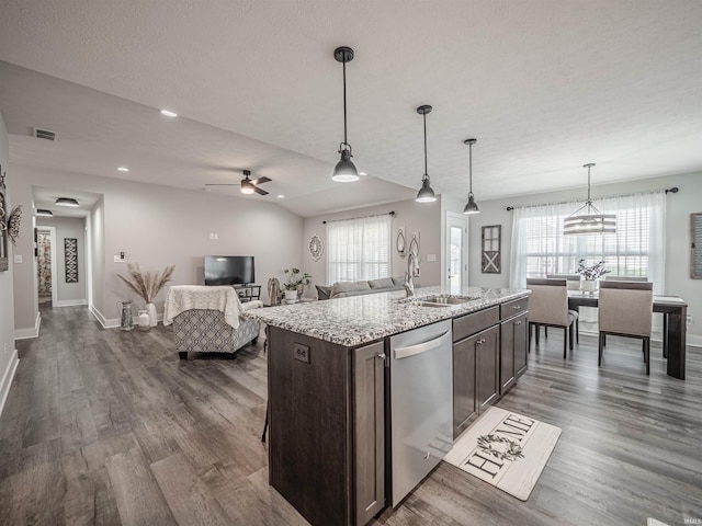 kitchen with plenty of natural light, dark hardwood / wood-style floors, dark brown cabinetry, and stainless steel dishwasher