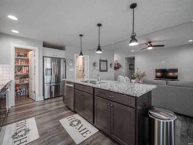 kitchen with appliances with stainless steel finishes, dark brown cabinetry, decorative light fixtures, and dark hardwood / wood-style floors