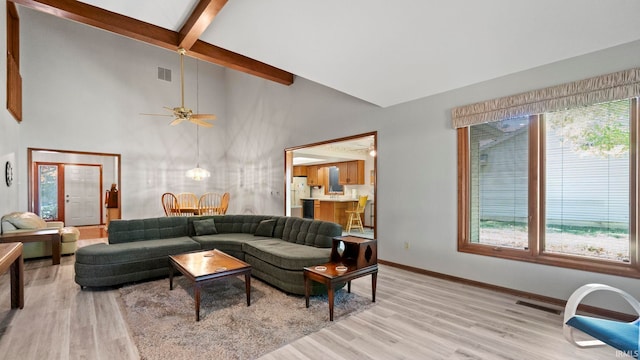 living room with visible vents, baseboards, beam ceiling, light wood finished floors, and high vaulted ceiling