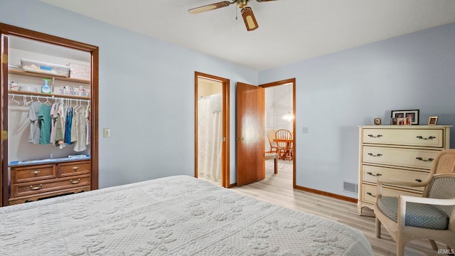 bedroom featuring ceiling fan, a closet, and light hardwood / wood-style flooring