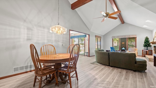 dining area featuring high vaulted ceiling, light wood finished floors, visible vents, and beamed ceiling