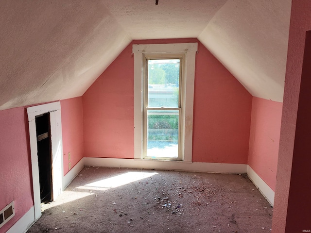 additional living space with vaulted ceiling and a textured ceiling