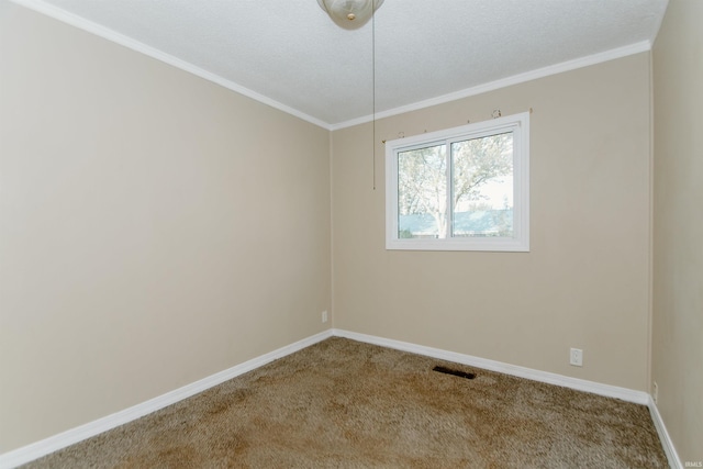 spare room with crown molding, carpet floors, and a textured ceiling