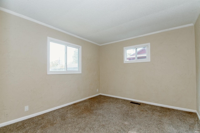 carpeted spare room with ornamental molding and a healthy amount of sunlight