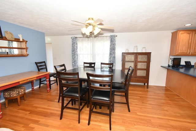 dining space with light wood-type flooring, ceiling fan, and a textured ceiling