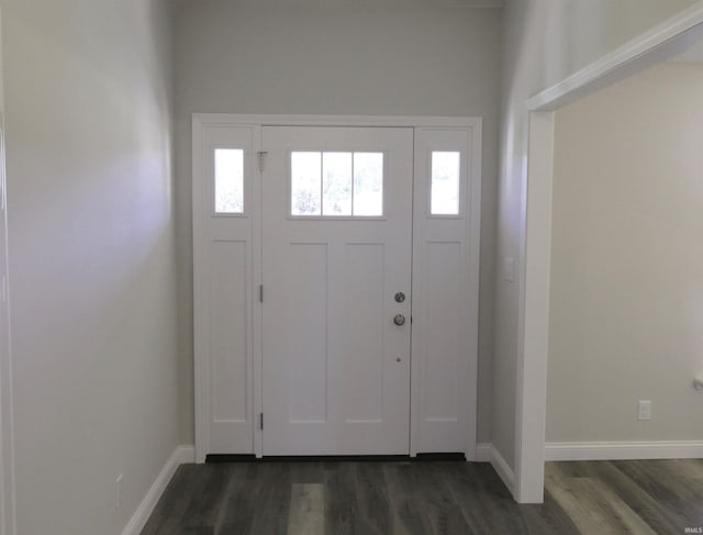 entryway with dark wood-style floors, baseboards, and plenty of natural light