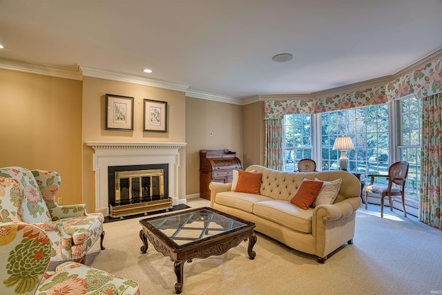 living room featuring baseboard heating, crown molding, and carpet flooring