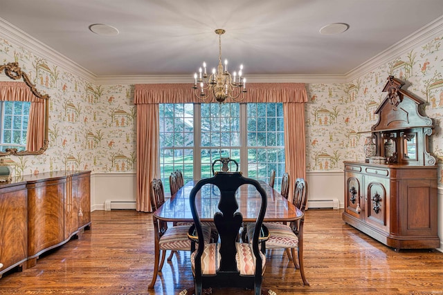 dining area featuring an inviting chandelier, light hardwood / wood-style flooring, and a baseboard heating unit