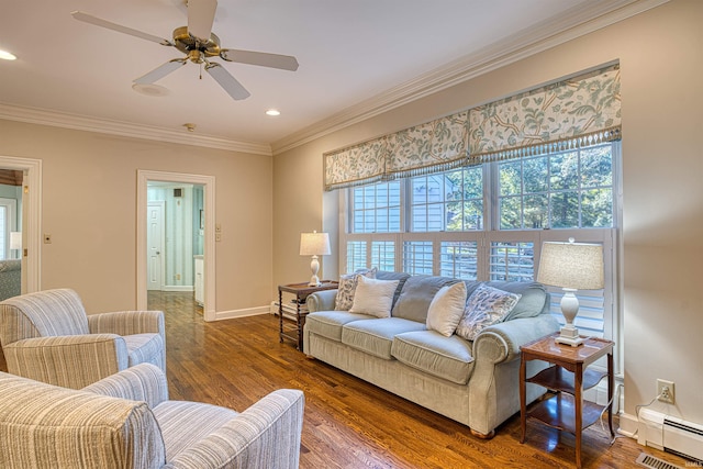 living room featuring dark hardwood / wood-style floors, crown molding, a baseboard radiator, and ceiling fan