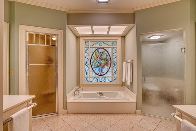 bathroom with crown molding, tile patterned flooring, vanity, and plus walk in shower