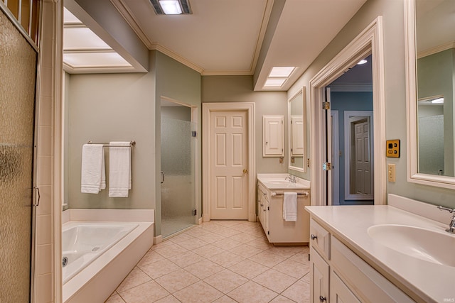 bathroom with ornamental molding, vanity, separate shower and tub, and tile patterned floors