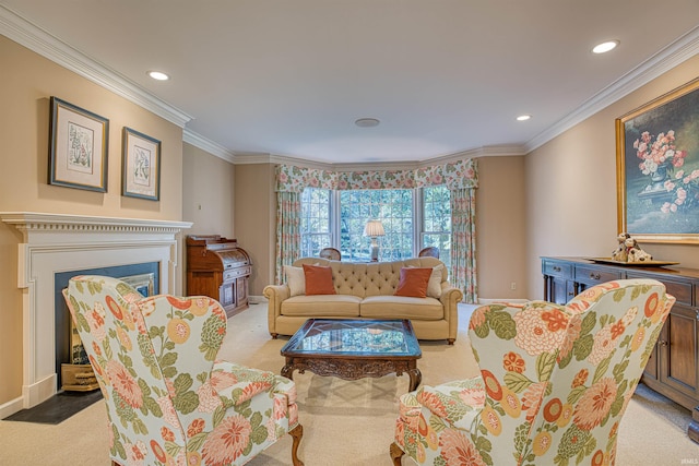 living room with light colored carpet and crown molding