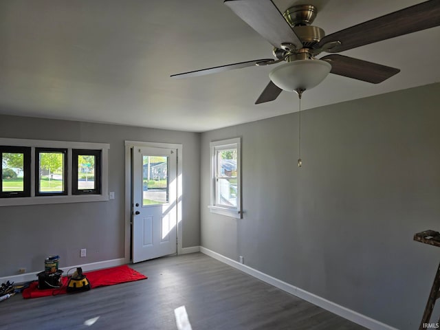 doorway to outside featuring wood-type flooring and ceiling fan