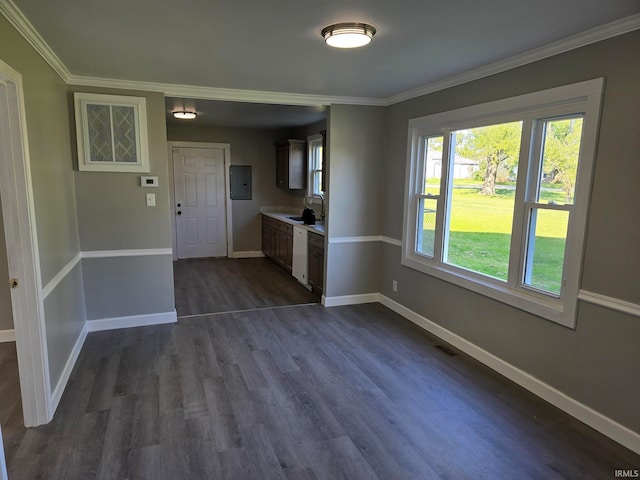 unfurnished dining area featuring electric panel, dark hardwood / wood-style floors, and crown molding