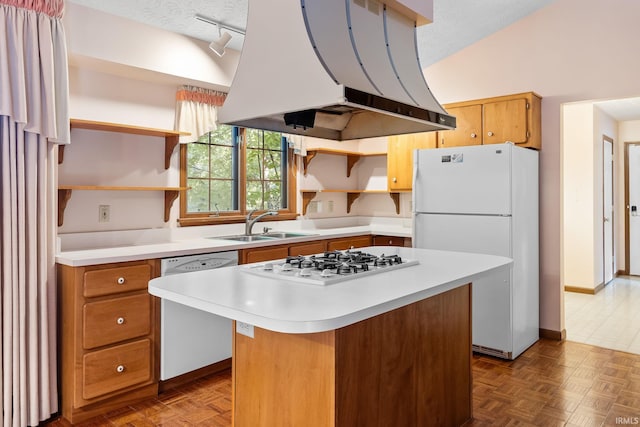 kitchen featuring island range hood, white appliances, a center island, and a textured ceiling