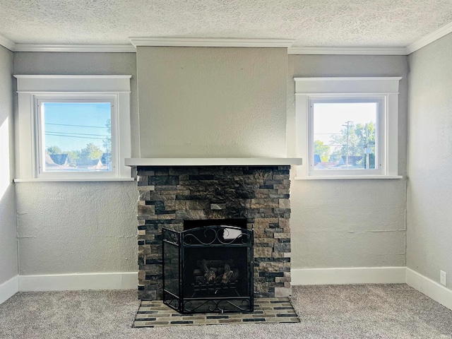 details with a textured ceiling, a fireplace, and carpet flooring