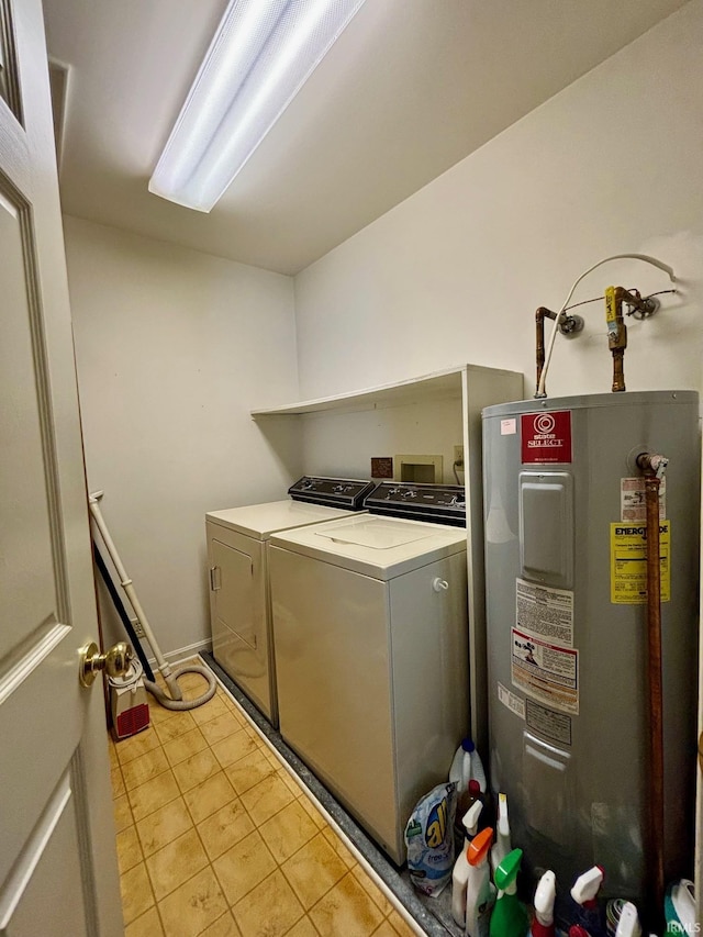 laundry room with washing machine and dryer, laundry area, electric water heater, and tile patterned floors