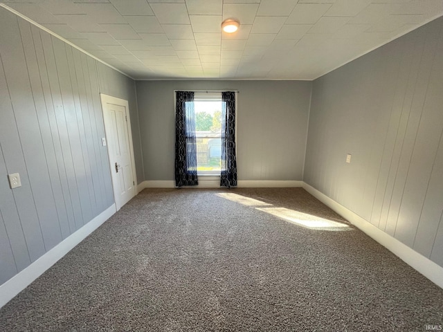 carpeted empty room with wooden walls