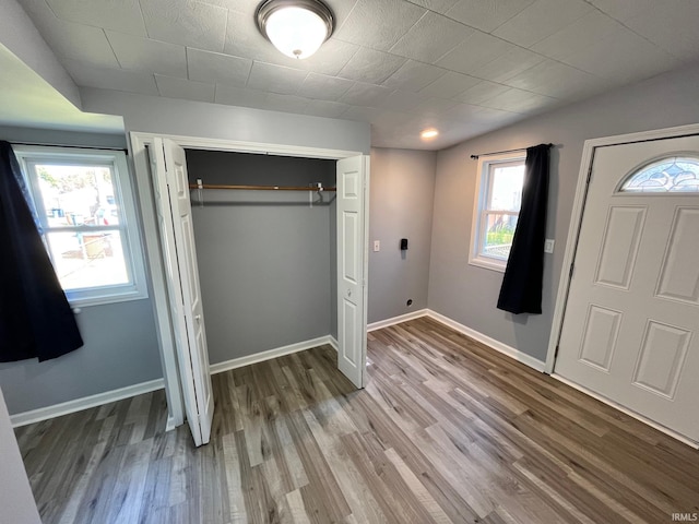 unfurnished bedroom featuring multiple windows, a closet, and wood-type flooring